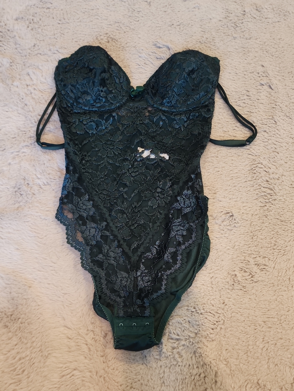 1980's VINTAGE Victoria's Secret Emerald Green Lace Push-Up Bodysuit Lingerie